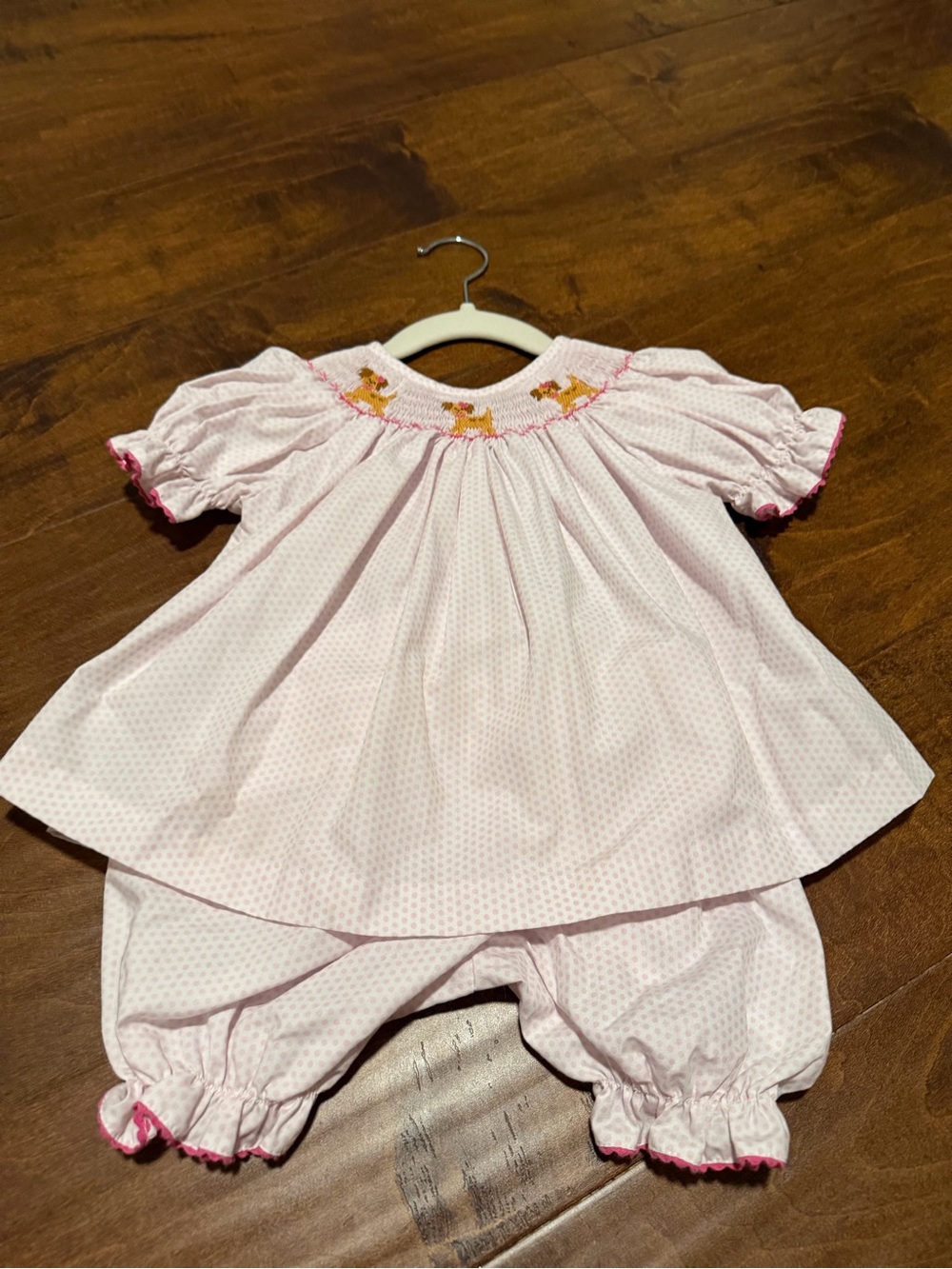 Smocked Pink Dot Two-Piece Matching Set with dog Motif